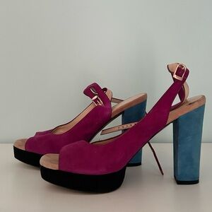 Women’s Fuchsia Suede Platform Slingback Heels with Blue Block Heel